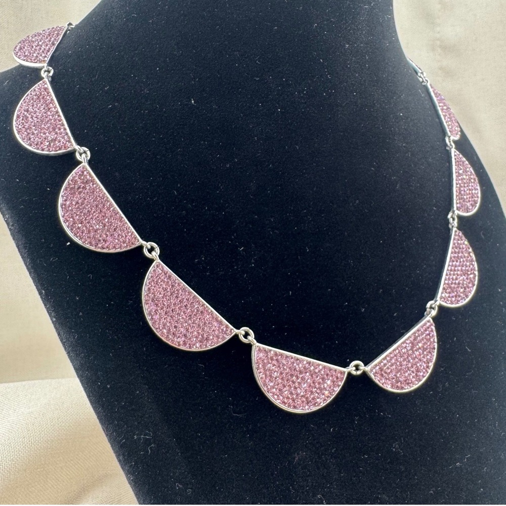 Silver Tone Necklace Pink Pave Statement Crystal Half Moon Link Necklace 20in